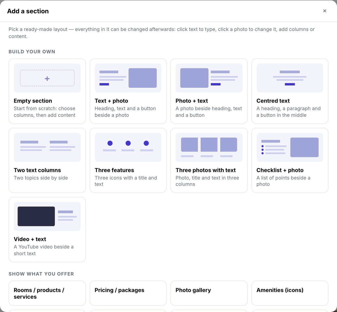 The section library: ready-made layouts like text and photo, three features, checklist and photo