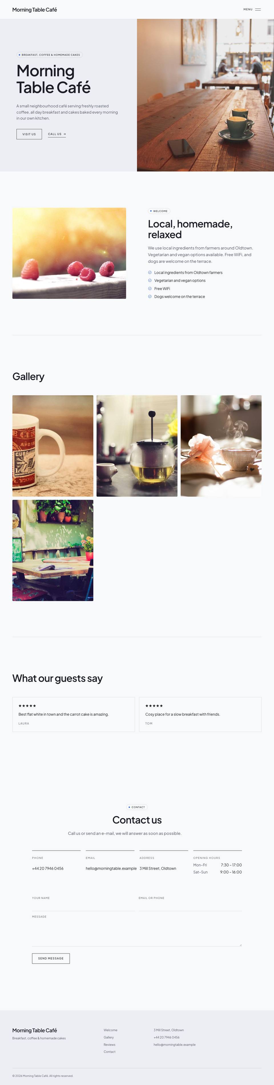 The café website in the Clean style, the whole page